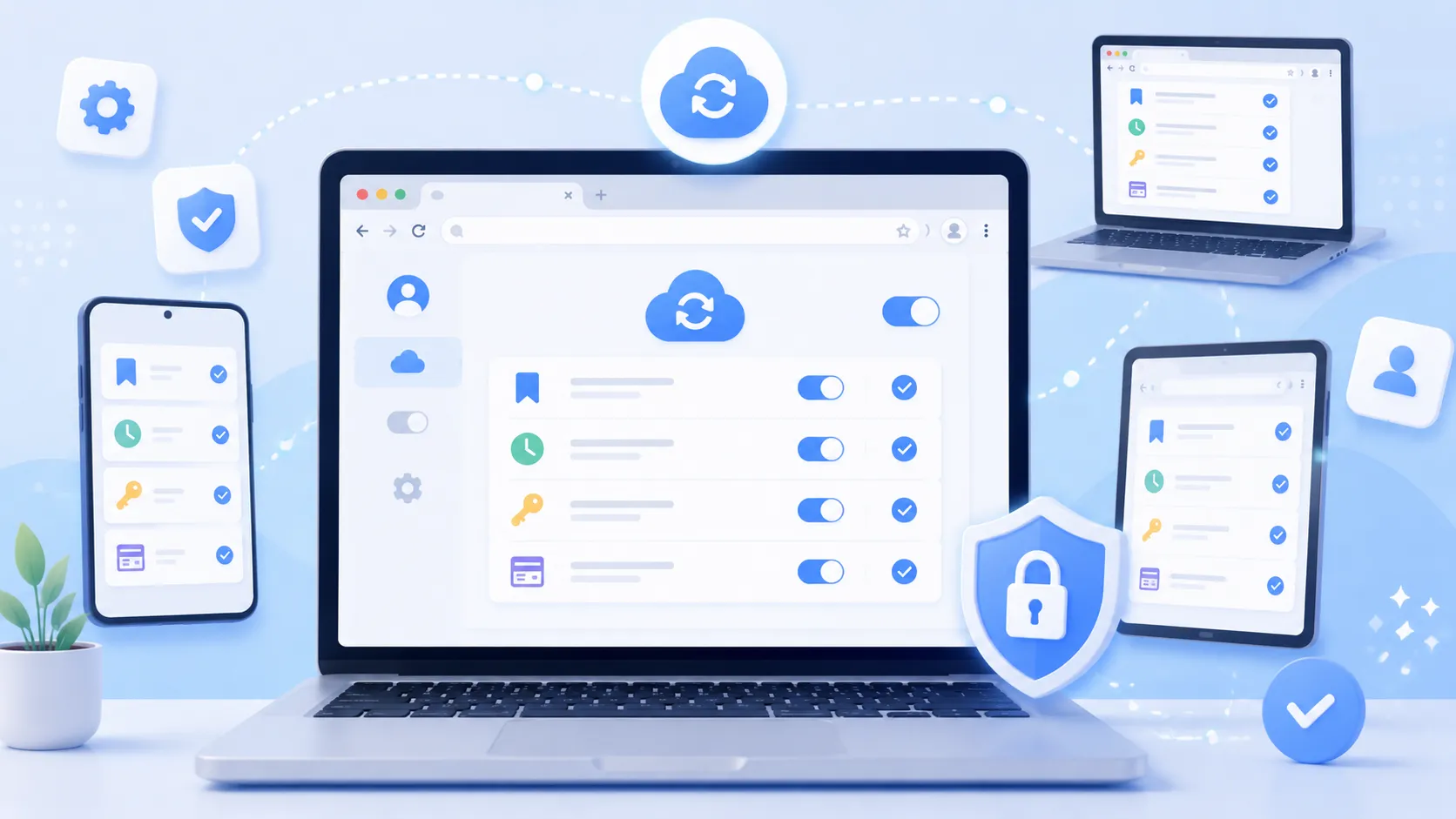 Chromeの同期設定を確認して安全に使うイメージ