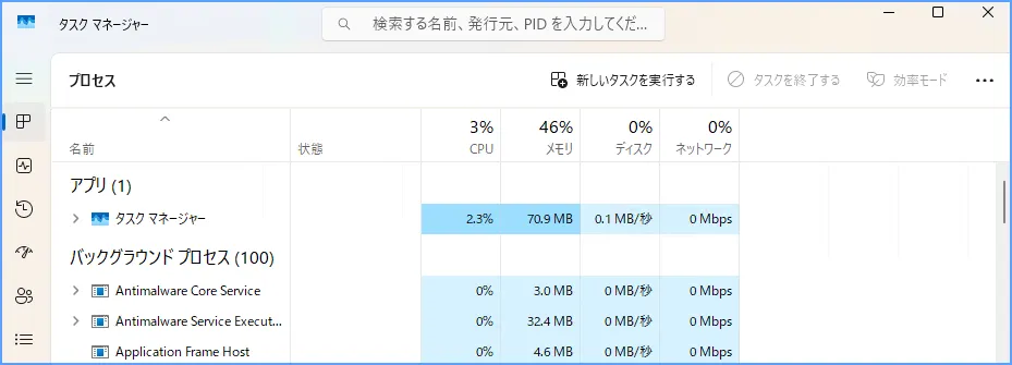 Windows 11のタスクマネージャーでCPU・メモリ・ディスクの使用状況を確認する画面
